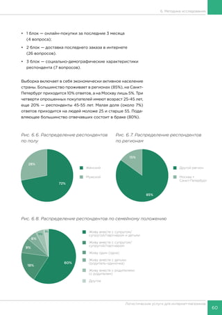 60
Логистические услуги для интернет-магазинов
6. Методика исследования
•	 1 блок — онлайн-покупки за последние 3 месяца
(4 вопроса);
•	 2 блок — доставка последнего заказа в интернете
(26 вопросов).
•	 3 блок — социально-демографические характеристики
респондента (7 вопросов).
Выборка включает в себя экономически активное население
страны. Большинство проживает в регионах (85%), на Санкт-
Петербург приходится 10% ответов, а на Москву лишь 5%. Три
четверти опрошенных покупателей имеют возраст 25-45 лет,
еще 20% — респонденты 45-55 лет. Малая доля (около 7%)
ответов приходится на людей моложе 25 и старше 55. Пода-
вляющее большинство отвечавших состоит в браке (80%).
Рис. 6.6. Распределение респондентов
по полу
Рис. 6.7. Распределение респондентов
по регионам
Рис. 6.8. Распределение респондентов по семейному положению
 