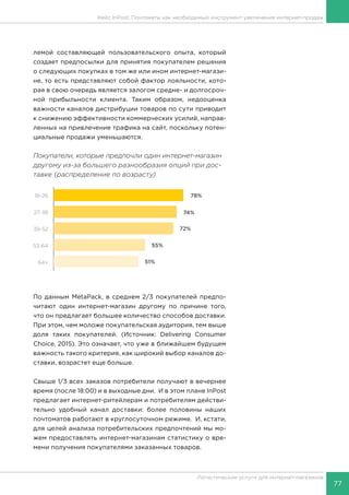 77
Логистические услуги для интернет-магазинов
Кейс InPost. Почтоматы как необходимый инструмент увеличения интернет-продаж
лемой составляющей пользовательского опыта, который
создает предпосылки для принятия покупателем решения
о следующих покупках в том же или ином интернет-магази-
не, то есть представляют собой фактор лояльности, кото-
рая в свою очередь является залогом средне- и долгосроч-
ной прибыльности клиента. Таким образом, недооценка
важности каналов дистрибуции товаров по сути приводит
к снижению эффективности коммерческих усилий, направ-
ленных на привлечение трафика на сайт, поскольку потен-
циальные продажи уменьшаются.
Покупатели, которые предпочли один интернет-магазин
другому из-за большего разнообразия опций при дос-
тавке (распределение по возрасту)
По данным MetaPack, в среднем 2/3 покупателей предпо-
читают один интернет-магазин другому по причине того,
что он предлагает большее количество способов доставки.
При этом, чем моложе покупательская аудитория, тем выше
доля таких покупателей. (Источник: Delivering Consumer
Choice, 2015). Это означает, что уже в ближайшем будущем
важность такого критерия, как широкий выбор каналов до-
ставки, возрастет еще больше.
Свыше 1/3 всех заказов потребители получают в вечернее
время (после 18:00) и в выходные дни. И в этом плане InPost
предлагает интернет-ритейлерам и потребителям действи-
тельно удобный канал доставки: более половины наших
почтоматов работают в круглосуточном режиме. И, кстати,
для целей анализа потребительских предпочтений мы мо-
жем предоставлять интернет-магазинам статистику о вре-
мени получения покупателями заказанных товаров.
 