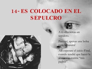 14- ES COLOCADO EN EL SEPULCRO A ti ofrecieron un  sepulcro. Para mí, apenas una bolsa para la basura! Allí esperare el juicio Final, cuando tendré que hacer la acusación contra “mis padres”. 