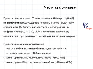D
insight
AT
A
Приведенные оценки (160 млн. заказов и 670 млрд. рублей)
не включают кроссбордерные покупки, а также (а) до...