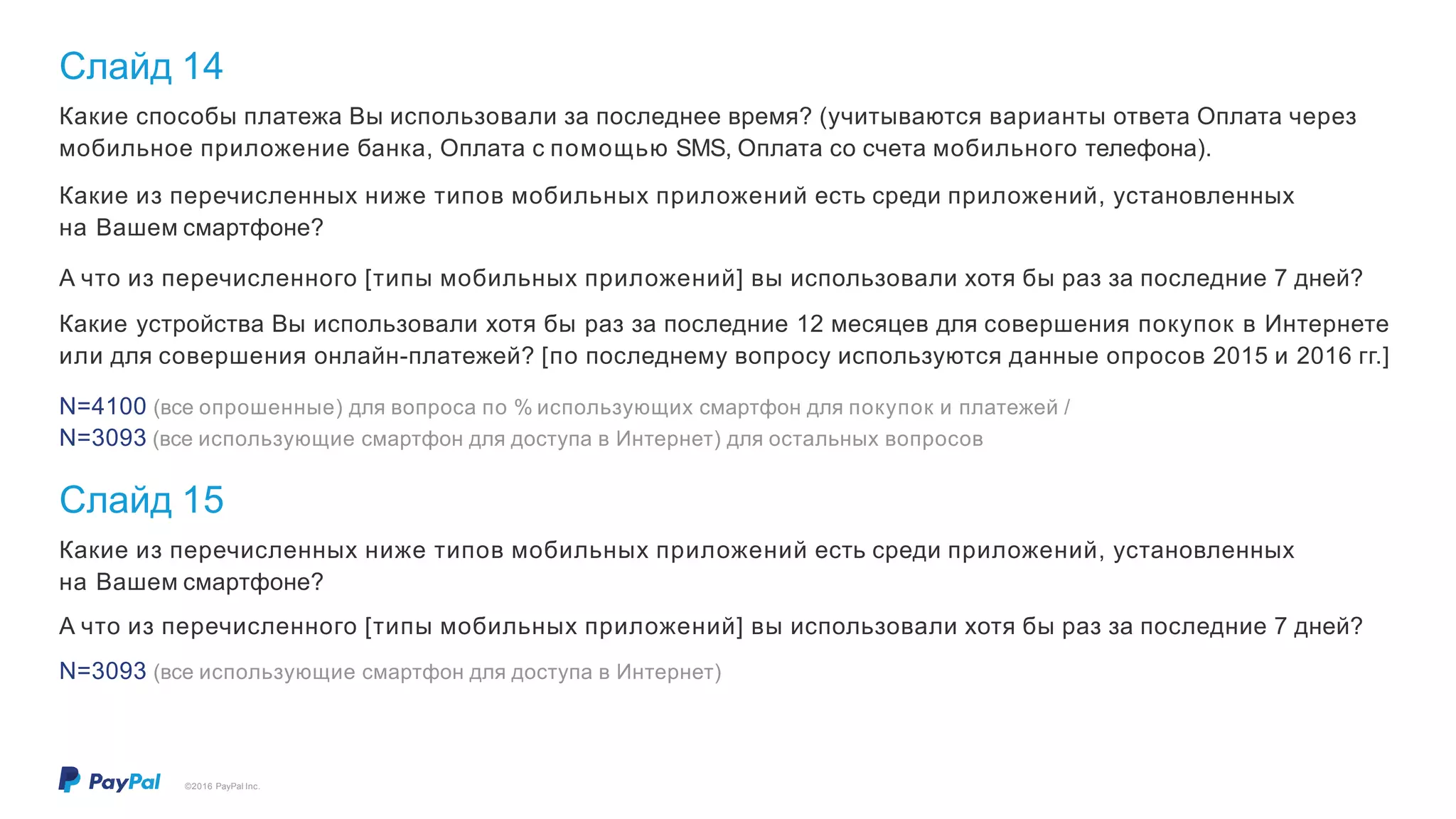 Слайд 14
©2016 PayPal Inc.
Какие способы платежа Вы использовали за последнее время? (учитываются варианты ответа Оплата через
мобильное приложение банка, Оплата с помощью SMS, Оплата со счета мобильного телефона).
Какие из перечисленных ниже типов мобильных приложений есть среди приложений, установленных
на Вашем смартфоне?
А что из перечисленного [типы мобильных приложений] вы использовали хотя бы раз за последние 7 дней?
Какие устройства Вы использовали хотя бы раз за последние 12 месяцев для совершения покупок в Интернете
или для совершения онлайн-платежей? [по последнему вопросу используются данные опросов 2015 и 2016 гг.]
N=4100 (все опрошенные) для вопроса по % использующих смартфон для покупок и платежей /
N=3093 (все использующие смартфон для доступа в Интернет) для остальных вопросов
Слайд 15
Какие из перечисленных ниже типов мобильных приложений есть среди приложений, установленных
на Вашем смартфоне?
А что из перечисленного [типы мобильных приложений] вы использовали хотя бы раз за последние 7 дней?
N=3093 (все использующие смартфон для доступа в Интернет)
 