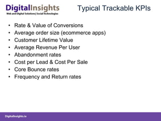 Typical Trackable KPIs Rate & Value of Conversions Average order size (ecommerce apps) Customer Lifetime Value Average Revenue Per User Abandonment rates Cost per Lead & Cost Per Sale Core Bounce rates Frequency and Return rates 