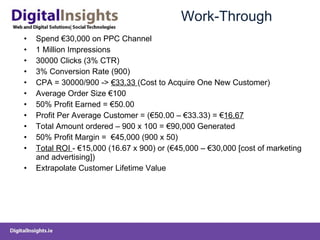 Work-Through Spend €30,000 on PPC Channel 1 Million Impressions  30000 Clicks (3% CTR) 3% Conversion Rate (900) CPA = 30000/900 ->  €33.33  (Cost to Acquire One New Customer) Average Order Size €100  50% Profit Earned = €50.00 Profit Per Average Customer = (€50.00 – €33.33) = € 16.67 Total Amount ordered – 900 x 100 = €90,000 Generated 50% Profit Margin =  €45,000 (900 x 50) Total ROI  - €15,000 (16.67 x 900) or (€45,000 – €30,000 [cost of marketing and advertising]) Extrapolate Customer Lifetime Value  