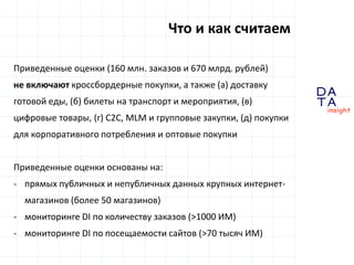 D
insight
AT
A
Приведенные оценки (160 млн. заказов и 670 млрд. рублей)
не включают кроссбордерные покупки, а также (а) доставку
готовой еды, (б) билеты на транспорт и мероприятия, (в)
цифровые товары, (г) C2C, MLM и групповые закупки, (д) покупки
для корпоративного потребления и оптовые покупки
Приведенные оценки основаны на:
- прямых публичных и непубличных данных крупных интернет-
магазинов (более 50 магазинов)
- мониторинге DI по количеству заказов (>1000 ИМ)
- мониторинге DI по посещаемости сайтов (>70 тысяч ИМ)
Что и как считаем
 
