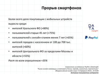 D
insight
AT
A
Прорыв смартфонов
Совместное исследование PayPal и DataInsight
"Рынок онлайн-коммерции и платежей в России: тренды, аналитика, перспективы"
Общероссийский онлайн-опрос 4-10 февраля 2016 г., N=4100
Активные пользователи интернета
Более всего доля покупающих с мобильных устройств
выросла среди:
• жителей Уральского ФО (+80%)
• пользователей старше 45 лет (+75%)
• пользователей с онлайн-стажем менее 7 лет (+65%)
• жителей городов с населением от 100 до 700 тыс.
жителей (+60%)
• жителей Центрального ФО за пределами Москвы и
области (+55%)
Рост по всем опрошенным +35%
 