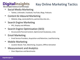 Key Online Marketing Tactics
• Social Media Marketing
– Twitter, LinkinedIn, Facebook, YouTube, Blogs, Podcasts
• Content ...