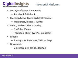 Key Social Platforms
• Social/Professional Networks
– Facebook & LinkedIn
• Blogging/Micro-Blogging/Lifestreaming
– Wordpr...