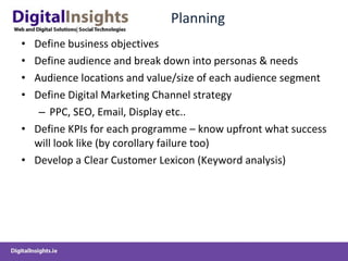 Planning Define business objectives Define audience and break down into personas & needs Audience locations and value/size of each audience segment Define Digital Marketing Channel strategy PPC, SEO, Email, Display etc.. Define KPIs for each programme – know upfront what success will look like (by corollary failure too) Develop a Clear Customer Lexicon (Keyword analysis) 