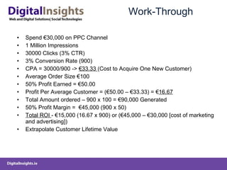 Work-Through Spend €30,000 on PPC Channel 1 Million Impressions  30000 Clicks (3% CTR) 3% Conversion Rate (900) CPA = 30000/900 ->  €33.33  (Cost to Acquire One New Customer) Average Order Size €100  50% Profit Earned = €50.00 Profit Per Average Customer = (€50.00 – €33.33) = € 16.67 Total Amount ordered – 900 x 100 = €90,000 Generated 50% Profit Margin =  €45,000 (900 x 50) Total ROI  - €15,000 (16.67 x 900) or (€45,000 – €30,000 [cost of marketing and advertising]) Extrapolate Customer Lifetime Value  