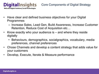 Core Components of Digital Strategy Have clear and defined business objectives for your Digital Programmes Increase Sales, Lead Gen, Build Awareness, Increase Customer Retention, Reduce Cost of Acquisition etc… Know exactly who your audience is – and where they reside digitally Behaviours, demographics, socialgraphics, vocabulary, media preferences, channel preferences  Chose Channels and develop a content strategy that adds value for your customers Develop, Execute, Iterate & Measure performance 