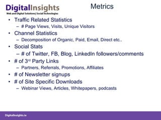 Metrics Traffic Related Statistics # Page Views, Visits, Unique Visitors Channel Statistics  Decomposition of Organic, Paid, Email, Direct etc.. Social Stats # of Twitter, FB, Blog, LinkedIn followers/comments # of 3 rd  Party Links  Partners, Referrals, Promotions, Affiliates  # of Newsletter signups # of Site Specific Downloads  Webinar Views, Articles, Whitepapers, podcasts 