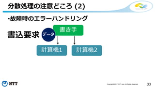 33Copyright©2017 NTT corp. All Rights Reserved.
•故障時のエラーハンドリング
分散処理の注意どころ (2)
書き手
計算機1 計算機2
データ
書込要求
 