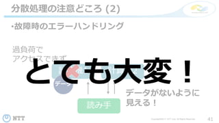 41Copyright©2017 NTT corp. All Rights Reserved.
•故障時のエラーハンドリング
分散処理の注意どころ (2)
計算機1 計算機2
データ
読み手
過負荷で
アクセスできず
データがないように
見える！
とても大変！
 