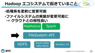 53Copyright©2017 NTT corp. All Rights Reserved.
•処理系を柔軟に変更可能
•ファイルシステムの実装が変更可能に
→ クラウドとの相性良い
Hadoop エコシステムで起きていること
FileSystem API
Spark
HDFS
MapReduce
Azure Data
Lake Store
Amazon S3
 