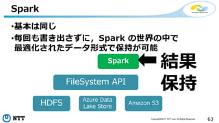 63Copyright©2017 NTT corp. All Rights Reserved.
•基本は同じ
•毎回も書き出さずに，Spark の世界の中で
最適化されたデータ形式で保持が可能
Spark
FileSystem API
HDFS Azure Data
Lake Store
Amazon S3
Spark
結果
保持
 