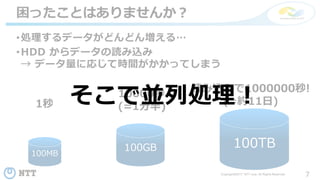 7Copyright©2017 NTT corp. All Rights Reserved.
•処理するデータがどんどん増える…
•HDD からデータの読み込み
→ データ量に応じて時間がかかってしまう
困ったことはありませんか？
100MB
100GB 100TB
1秒
10000秒
(=1分半)
読み込みで1000000秒!
(=約11日)そこで並列処理！
 