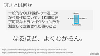 % CPU
% READ % WRITE
% MEMORY
一般的なOLTP操作の一連にか
かる操作について、1秒間に完
了可能なトランザクション数を
測定して定義された値のこと
https://docs.microsoft.com/ja-jp/azure/sql-database/sql-database-benchmark-overview
https://docs.microsoft.com/ja-jp/azure/sql-database/sql-database-what-is-a-dtu
 