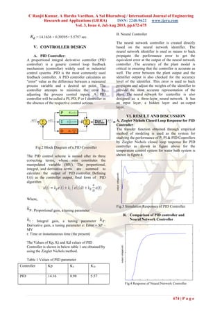 C Ranjit Kumar, A Harsha Vardhan, A Sai Bharadwaj / International Journal of Engineering
Research and Applications (IJERA) ISSN: 2248-9622 www.ijera.com
Vol. 3, Issue 4, Jul-Aug 2013, pp.672-675
674 | P a g e
Controller Kp KI KD
PID 14.16 8.98 5.57
outputvoltage(volt)
outputvoltage(volt)
= 14.1636 × 0.39395= 5.5797 sec.
V. CONTROLLER DESIGN
A. PID Controller:
A proportional integral derivative controller (PID
controller) is a generic control loop feedback
mechanism (controller) widely used in industrial
control systems .PID is the most commonly used
feedback controller. A PID controller calculates an
"error" value as the difference between a measured
process variable and a desired set point. The
controller attempts to minimize the error by
adjusting the process control inputs. A PID
controller will be called a PI, PD, P or I controller in
the absence of the respective control actions.
Fig.2 Block Diagram of a PID Controller
The PID control scheme is named after its three
correcting terms, whose sum constitutes the
manipulated variable (MV). The proportional,
integral, and derivative terms are summed to
calculate the output of PID controller. Defining
U(t) as the controller output, final form of PID
algorithm
Where,
: Proportional gain, a tuning parameter
: Integral gain, a tuning parameter :
Derivative gain, a tuning parameter e: Error = SP –
MV
t: Time or instantaneous time (the present)
The Values of Kp, Ki and Kd values of PID
Controller is shown in below table 1 are obtained by
using the Ziegler Nichols method.
Table 1 Values of PID parameter
B. Neural Controller
The neural network controller is created directly
based on the neural network identifier. The
neural network identifier is used as means to back
propagate the performance error to get the
equivalent error at the output of the neural network
controller .The accuracy of the plant model is
critical in ensuring that the controller is accurate as
well. The error between the plant output and the
identifier output is also checked for the accuracy
level of the identifier. This error is used to back
propagate and adjust the weights of the identifier to
provide the most accurate representation of the
plant. The neural network for controller is also
designed as a three-layer neural network. It has
an input layer, a hidden layer and an output
layer.
VI. RESULT AND DISCUSSION
A. Ziegler Nichols Closed Loop Response for PID
Controller
The transfer function obtained through empirical
method of modeling is used as the system for
studying the performance of P, PI & PID Controllers
by Ziegler Nichols closed loop response for PID
controller as shown in figure above for the
temperature control system for water bath system is
shown in figure 4
Fig.3 Simulation Responses of PID Controller
B. Comparison of PID controller and
Neural Network Controller
Fig.4 Response of Neural Network Controller
 