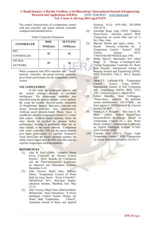C Ranjit Kumar, A Harsha Vardhan, A Sai Bharadwaj / International Journal of Engineering
Research and Applications (IJERA) ISSN: 2248-9622 www.ijera.com
Vol. 3, Issue 4, Jul-Aug 2013, pp.672-675
675 | P a g e
CONTROLLER
RISE
TIME(sec)
SETTLING
TIME(sec)
PID
CONTROLLER
35 43
NEURAL
NETWORK
29 34
The control characteristics of a temperature control
with pid controller and neural network controller
compared and tabulated below.
Table 2 Controller Parameters
When compared with PID controller and neural
network controller, the neural network controller
gives better performance for the temperature control
system.
VII. CONCLUSION
In this study the temperature process and
the control strategy adopted is Artificial
Intelligence. The temperature controller was
identified using the process reaction curve method.
By using the transfer function model, simulation
of Proportional Integral Derivative controller and
neural network controller was implemented.
Artificial neural network based Neuro fuzzy is
suitable for adaptive temperature control of a water
bath system. Artificial neural network, where the
rules should be decided in advance before
performance learning is performed, there are no
rules initially in the neural network. Comparison
with other controller PID and the neural network
give better performance it’s verified. Simulation
result shows that the neural networks produce the
stable control signal than the PID controller and has
a perfect temperature tracking capability.
REFERENCES
[1] Ajay B. Patil (2008), “Adaptive Neuro
Fuzzy Controller for Process Control
System”, IEEE Region 10 Colloquium
and the Third International Conference
on Industrial and Information Systems,
December 8 -10.
[2] Jafar Tavoosi, Majid Alaei, Behrouz
Jahani, “Temperature Control of Water
Bath by using Neuro- Fuzzy Controller”,
5thSASTech 2011, Khavaran Higher-
education Institute, Mashhad, Iran. May
12-14.
[3] Jafar Tavoosi, Majid Alaei, BehrouzJahani,
Mohammad Amin Daneshwar, “A Novel
Intelligent Control System Design for
Water Bath Temperature Control”,
Australian Journal of Basic and Applied
Sciences, 5(12): 1879-1885, 2011ISSN
1991-8178.
[4] Jyh-shigh Roger Jang (1993) “Adaptive
Neuro-Fuzzy Inference system”, IEEE
Transactions on system Man and vol 3,
No.3 May /June.
[5] Marzuki Khalid and sigeru omatu, “A
Neural Network Controller for a
Temperature Control System”, IEEE
Control System, 0272-
1708/92/$03.001992IEEE,June 1992.
[6] Melba Mary.P, Marimuthu N.S Albert
Singh. N, “Design of Intelligent Self-
Tuning Temperature Controller for Water
Bath Process”, International Journal of
Imaging Science and Engineering (IJISE),
ISSN:1934-9955, VOL.1, NO.4, October
2007.
[7] .Mote.T.P, Lokhande.S.D, “Temperature
Control System Using ANFIS”,
International Journal of Soft Computing
and Engineering (IJSCE) ISSN: 2231-
2307, Volume-2, Issue-1, March 2012.
[8] Robert Babuška, Henk Verbruggen,
“Neuro-fuzzy methods for nonlinear
system identification”, 1367-5788/$ – see
front matter © 2003Published by Elsevier
Science Ltd.2003.
[9] Vieira.J.A, F. Morgado Dias and A. M.
Mota (2005), “Hybrid Neuro-Fuzzy
Network-Priori Knowledge Model in
Temperature Control of a Gas Water
Heater System”, International Conference
on Hybrid Intelligent Systems 0-7695-
2457-5/0/2005, IEEE.
[10] Yunseop Kim (2011), “Fuzzy Logic
Temperature Control”, IEEE Transactions
on system Man and cybernetics Vol.No.5.
 