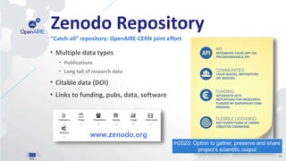 Zenodo Repository
• Multiple data types
• Publications
• Long tail of research data
• Citable data (DOI)
• Links to funding, pubs, data, software
“Catch-all” repository: OpenAIRE-CERN joint effort
15
www.zenodo.org
H2020: Option to gather, preserve and share
project’s scientific output
 