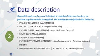 Data description
OpenAIRE requires only a very limited set of metadata fields from funders. No
personal or private details are required. The mandatory and optional data fields are:
• PROJECT IDENTIFIER (MANDATORY)
• PROJECT TITLE or ACRONYM (MANDATORY)
• FUNDER NAME (MANDATORY) – e.g. Wellcome Trust, EC
• START DATE (MANDATORY),
• END DATE (MANDATORY)
• FUNDING STREAM(S) (OPTIONAL) – funding categories for more detailed
statistics
• PARTICIPANT ORGANIZATION(S) (OPTIONAL) – i.e., project partners
69
2
 