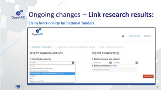 Ongoing changes – Link research results:
Claim functionality for national funders
76
 