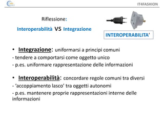 IT4FASHION
Riflessione:
Interoperabilità vs Integrazione
• Integrazione: uniformarsi a principi comuni
- tendere a comport...