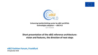 eBIZ Fashion Forum, Frankfurt
19 September 2018
Enhancing textile/clothing sector by eBIZ and RFIds
technologies adoption — eBIZ-4.0
GA 733434
Short presentation of the eBIZ reference architecture:
vision and features, the direction of next steps
 