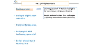 • Multy purpose
• Multiple organisation
scenarios
• Incremental adoption
• Fully exploit XML
technology potential
• Sector oriented and
ready to use
eBIZ (initial) features/1
Unambiguous Full Technical description
(for example supporting subcontracting)
Simple and normalised data exchanges
(supporting most common retail processes)
 