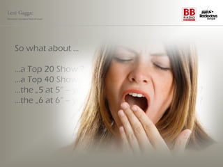 Leni Gagga:
Germany‘s youngest head of music




      So what about …

      …a Top 20 Show ?
      …a Top 40 Show ?
      …the „5 at 5“ – your 5 best current Hits everyday?
      …the „6 at 6“ – your 6 best current Hits everyday?
 