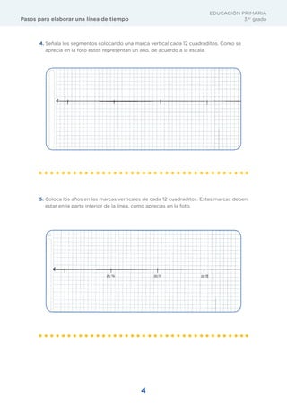 Pasos para elaborar una línea de tiempo
EDUCACIÓN PRIMARIA
3.er
grado
4
5. Coloca los años en las marcas verticales de cada 12 cuadraditos. Estas marcas deben
estar en la parte inferior de la línea, como aprecias en la foto.
4. Señala los segmentos colocando una marca vertical cada 12 cuadraditos. Como se
aprecia en la foto estos representan un año, de acuerdo a la escala.
 