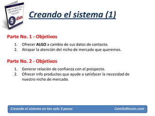 Creando el sistema (1)

Parte No. 1 - Objetivos
   1.   Ofrecer ALGO a cambio de sus datos de contacto.
   2.   Atrapar la atención del nicho de mercado que queremos.

Parte No. 2 - Objetivos
   1.   Generar relación de confianza con el prospecto.
   2.   Ofrecer info productos que ayude a satisfacer la necesidad de
        nuestro nicho de mercado.



                                                              Bonos de regalo

 Creando el sistema en tan solo 3 pasos                     CamiloRincón.com
 