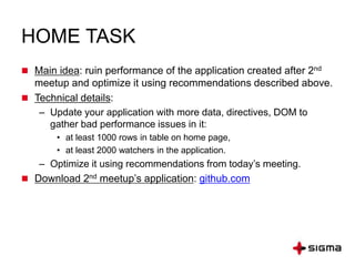 HOME TASK
 Main idea: ruin performance of the application created after 2nd
meetup and optimize it using recommendations described above.
 Technical details:
– Update your application with more data, directives, DOM to
gather bad performance issues in it:
• at least 1000 rows in table on home page,
• at least 2000 watchers in the application.
– Optimize it using recommendations from today’s meeting.
 Download 2nd meetup’s application: github.com
 