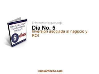 Entrenamiento avanzado

Día No. 5
Inversión asociada al negocio y
ROI




    CamiloRincón.com
 