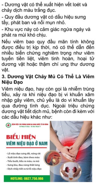 - Dương vật có thể xuất hiện vết loét và
chảy dịch màu trắng đục.
- Quy đầu dương vật có dấu hiệu sưng
tấy, phát ban và nổi mụn nhỏ.
- Khu vực này có cảm giác ngứa ngáy và
phát ra mùi khó chịu.
Nếu viêm bao quy đầu mãn tính không
được điều trị kịp thời, nó có thể dẫn đến
nhiều biến chứng nghiêm trọng như viêm
tuyến tiền liệt, viêm tinh hoàn, hoại tử
dương vật hoặc thậm chí ung thư dương
vật.
3. Dương Vật Chảy Mủ Có Thể Là Viêm
Niệu Đạo
Viêm niệu đạo, hay còn gọi là nhiễm trùng
tiểu, xảy ra khi niệu đạo bị vi khuẩn xâm
nhập gây viêm, chủ yếu là do vi khuẩn lây
qua đường tình dục. Ngoài triệu chứng
dương vật tiết dịch mủ, bệnh còn đi kèm với
các dấu hiệu khác như:
 