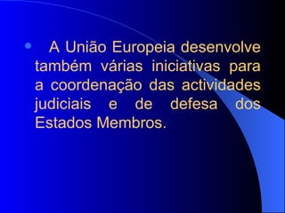 A União Europeia desenvolve também várias iniciativas para a coordenação das actividades judiciais e de defesa dos Estados Membros. 