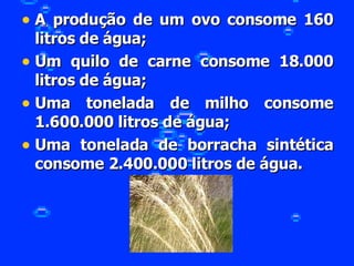 A produção de um ovo consome 160 litros de água; Um quilo de carne consome 18.000 litros de água; Uma tonelada de milho consome 1.600.000 litros de água; Uma tonelada de borracha sintética consome 2.400.000 litros de água. 