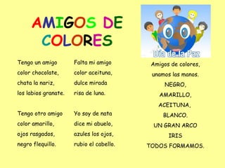 A M I G O S  D E  C O L O R E S Tengo un amigo color chocolate, chata la nariz, los labios granate. Tengo otro amigo color amarillo, ojos rasgados, negro flequillo. Falta mi amigo color aceituna, dulce mirada risa de luna. Yo soy de nata dice mi abuelo, azules los ojos, rubio el cabello. Amigos de colores, unamos las manos. NEGRO, AMARILLO, ACEITUNA,  BLANCO. UN GRAN ARCO IRIS TODOS FORMAMOS. 