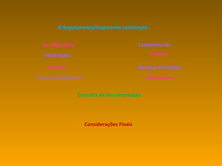 O Regulamento/Regimento contempla: Os Objectivos Localização Horário Equipa da Biblioteca Competências Espaços Serviços Prestados Utilizadores Consulta de Documentação Considerações Finais 