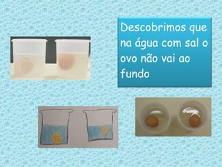 Descobrimos que na água com sal o ovo não vai ao fundo 