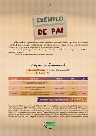 Nº Ins. Descrição Período Dur.
Esquema Comercial
Período de Veiculação
Nº de Cotas
20 de julho a 08 de agosto de 2015
03
Cit.
Investimento Total de Mídia: R$ 8.896,67
Observações: 1. Valores com base na tabela de Outubro/14 a Março/15; 2. Prazo para comercialização: 15 dias de antecedência;
3. Prazo de pagamento: 15 DFM; 4. 4. Os patrocinadores deverão ser de categoria de produtos diferentes; 5. A Programação
indeterminada será distribuída nos períodos: manhã, tarde e noite; 6. A mídia básica poderá ser alterada em função da disponi-
bilidade; 7. O patrocinador deverá fornecer texto de 5” para citação, bem como logomarca para aplicação nos anúncios; 8. A
produção do spot do patrocinador é de responsabilidade do mesmo; 9. A Rádio Verdes Mares se reserva no direito de exibir
chamadas adicionais sem a marca dos patrocinadores, em função de necessidades estratégicas e/ou promocionais dos mesmos.
O Dia dos Pais é a época de lembrar quem sempre nos colocou em primeiro lugar, dando todo seu amor
e carinho. E para homenagear essa pessoa que é tão especial em nossas vidas, a Verdinha apresenta o projeto
Exemplo de Pai, que dará vários prêmios no decorrer da programação.
Essa é uma grande oportunidade de interagir com o público de Fortaleza, atingindo mais de 48 mil
pessoas por minuto.
Anuncie na Am 810 e obtenha os melhores resultados.
70
Spots promocionais com citação de 5” do
patrocinador - INDETERMINADO
20/07 a 08/08/15 30”
20 diárias
Aplicação de logo do patrocinador em anúncio
promocional em formato Skyscraper - Site Am 810
20/07 a 08/08/15
30 Spots exclusivos do patrocinador -
INDETERMINADO
20/07 a 08/08/15 15”
Logo do
patrocinador
5”
120 x 600 px
-
DE PAI
EXEMPLO
 