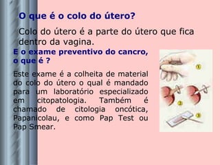 O que é o colo do útero? Colo do útero é a parte do útero que fica dentro da vagina.   E o exame preventivo do cancro, o que é ? Este exame é a colheita de material do colo do útero o qual é mandado para um laboratório especializado em citopatologia. Também é chamado de citologia oncótica, Papanicolau, e como Pap Test ou Pap Smear.   