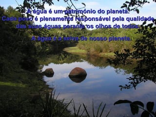 A água é um património do planeta.  Cada povo é plenamente responsável pela qualidade das suas águas perante os olhos de todos. A água é a seiva de nosso planeta.   