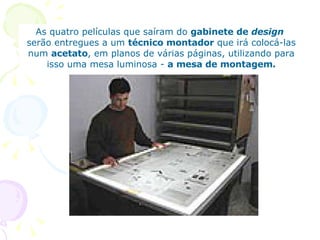 As quatro películas que saíram do  gabinete de  design   serão entregues a um  técnico montador  que irá colocá-las num  acetato , em planos de várias páginas, utilizando para isso uma mesa luminosa -  a mesa de montagem. 