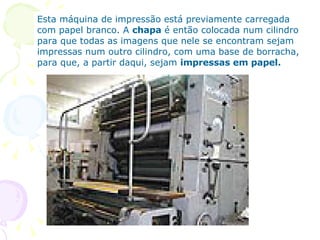 Esta máquina de impressão está previamente carregada com papel branco. A  chapa  é então colocada num cilindro para que todas as imagens que nele se encontram sejam impressas num outro cilindro, com uma base de borracha, para que, a partir daqui, sejam  impressas em papel.  