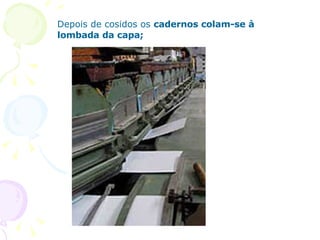 Depois de cosidos os  cadernos colam-se à lombada da capa;   