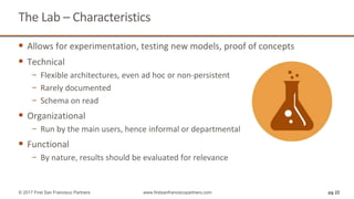 pg 22
The Lab – Characteristics
 Allows for experimentation, testing new models, proof of concepts
 Technical
− Flexible architectures, even ad hoc or non-persistent
− Rarely documented
− Schema on read
 Organizational
− Run by the main users, hence informal or departmental
 Functional
− By nature, results should be evaluated for relevance
© 2017 First San Francisco Partners www.firstsanfranciscopartners.com
 