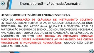 Enunciado 108 – 2ª Jornada Anamatra
LITISCONSORTE NECESSÁRIO DE ENTIDADES SINDICAIS
AÇÃO DE ANULAÇÃO DE CLÁUSULA DE INSTRUMENTO COLETIVO.
ENTIDADES SINDICAIS SUBSCRITORAS. LITISCONSÓRCIO NECESSÁRIO. ÔNUS
PROCESSUAL DA LIDE. ARTIGO 611-A, §5º DA CLT. A EXIGÊNCIA LEGAL DA
PARTICIPAÇÃO DA ENTIDADE SINDICAL COMO LITISCONSORTE NECESSÁRIO
NAS AÇÕES QUE TENHAM COMO OBJETO A ANULAÇÃO DE CLÁUSULAS DE
INSTRUMENTO COLETIVO NÃO OBRIGA AS ENTIDADES SINDICAIS
SUBSCRITORAS DESSES INSTRUMENTOS AO PAGAMENTO DAS CUSTAS
PROCESSUAIS E HONORÁRIOS ADVOCATÍCIOS, QUANDO NÃO DEREM
CAUSA AO PROCESSO.
 
