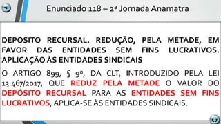 Enunciado 118 – 2ª Jornada Anamatra
DEPOSITO RECURSAL. REDUÇÃO, PELA METADE, EM
FAVOR DAS ENTIDADES SEM FINS LUCRATIVOS.
APLICAÇÃO ÀS ENTIDADES SINDICAIS
O ARTIGO 899, § 9º, DA CLT, INTRODUZIDO PELA LEI
13.467/2017, QUE REDUZ PELA METADE O VALOR DO
DEPÓSITO RECURSAL PARA AS ENTIDADES SEM FINS
LUCRATIVOS, APLICA-SE ÀS ENTIDADES SINDICAIS.
 