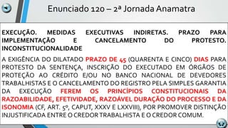 Enunciado 120 – 2ª Jornada Anamatra
EXECUÇÃO. MEDIDAS EXECUTIVAS INDIRETAS. PRAZO PARA
IMPLEMENTAÇÃO E CANCELAMENTO DO PROTESTO.
INCONSTITUCIONALIDADE
A EXIGÊNCIA DO DILATADO PRAZO DE 45 (QUARENTA E CINCO) DIAS PARA
PROTESTO DA SENTENÇA, INSCRIÇÃO DO EXECUTADO EM ÓRGÃOS DE
PROTEÇÃO AO CRÉDITO E/OU NO BANCO NACIONAL DE DEVEDORES
TRABALHISTAS E O CANCELAMENTO DO REGISTRO PELA SIMPLES GARANTIA
DA EXECUÇÃO FEREM OS PRINCÍPIOS CONSTITUCIONAIS DA
RAZOABILIDADE, EFETIVIDADE, RAZOÁVEL DURAÇÃO DO PROCESSO E DA
ISONOMIA (CF, ART. 5º, CAPUT, XXXV E LXXVIII), POR PROMOVER DISTINÇÃO
INJUSTIFICADA ENTRE O CREDORTRABALHISTA E O CREDOR COMUM.
 